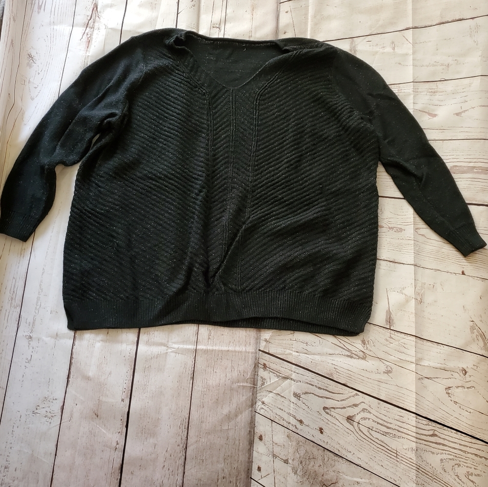 Black metallic thread multidirectional knit V-neck sweater 5X Plus